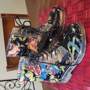 Sugar Floral Print Jelly Combat Rainboots ~ Womens Sz 7